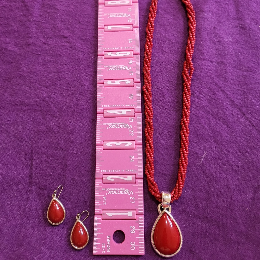 Carnelian Stone and Sterling Silver Necklace and Earrings